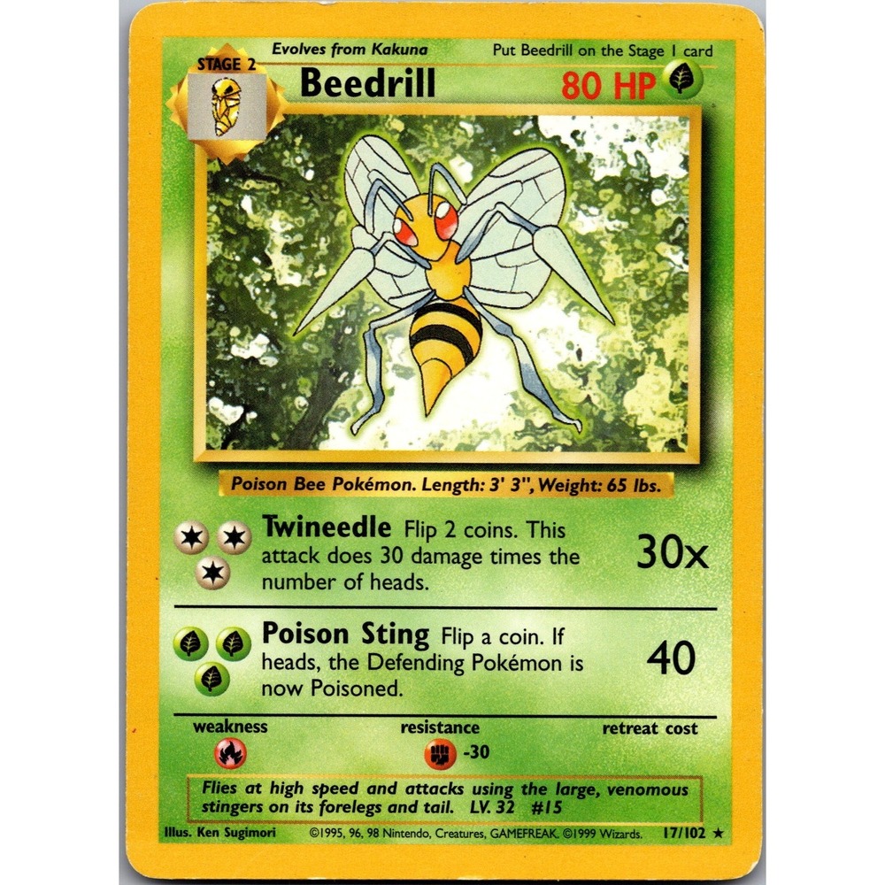 Pokemon Beedrill Rare Base Set 017/102 1999 WOTC Grass Type Card LP